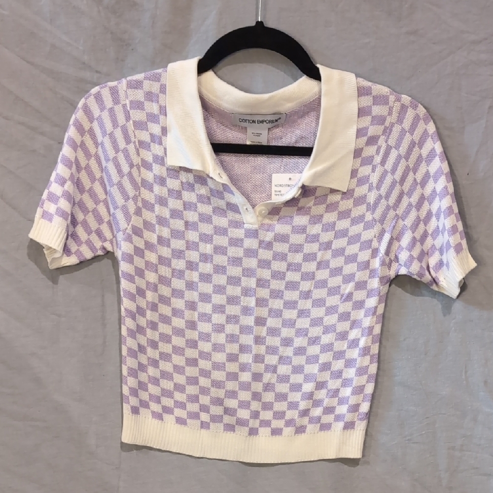 Purple and White Checkered Knit Polo Shirt